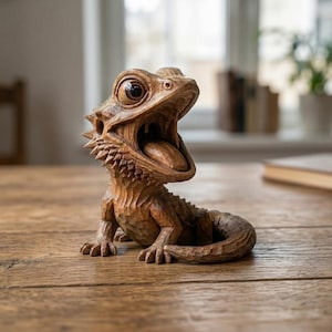 May include: A detailed wooden carving of a bearded dragon with its mouth wide open, showcasing its tongue. The sculpture is a warm brown color and features intricate carved details, giving it a lifelike appearance. The lizard is posed on a wooden surface.