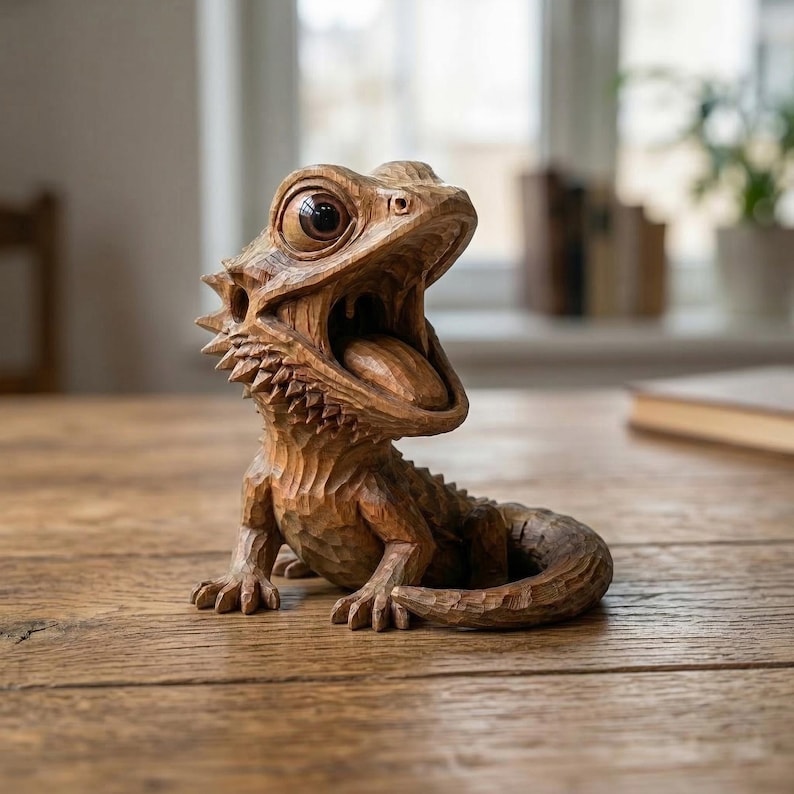 May include: A detailed wooden carving of a bearded dragon with its mouth wide open, showcasing its tongue. The sculpture is a warm brown color and features intricate carved details, giving it a lifelike appearance. The lizard is posed on a wooden surface.