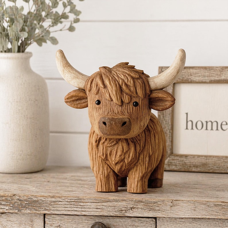 May include: A brown Highland cow figurine with textured fur, large horns, and small black eyes. The figurine is standing on a wooden surface, with a vase and a framed sign that says "home" in the background.