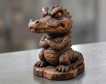 Hand Carving Wooden Cute Crocodile Figurine Hand Carved Desk Bookshelf Office Decor Statue Wood Sculpture Alligator Gator Animal Lover Gift