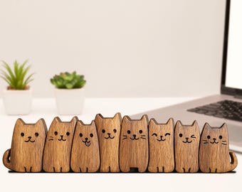 Figura de gato de madera tallada a mano, decoración de escritorio, linda escultura de gatito de madera, regalo hecho a mano para amantes de las mamás, adorno minimalista para estantería de oficina.