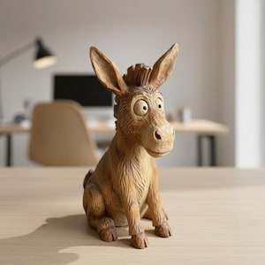 May include: A wooden donkey figurine with large, expressive eyes and detailed carved fur. The donkey is sitting upright with its ears perked up. The figurine is a light brown color and appears to be handmade.
