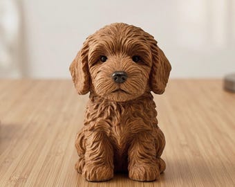 Figura de Goldendoodle tallada a mano en madera, adorable, para escritorio o estantería. Estatua artesanal. Escultura de madera. Adorno para amantes de los perros. Regalo ideal.