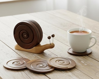 Posavasos de madera con forma de caracol, posavasos artesanal con adorable soporte para caracoles, decoración única para el hogar hecha a mano, mantel individual de madera, ideal como regalo de cocina.