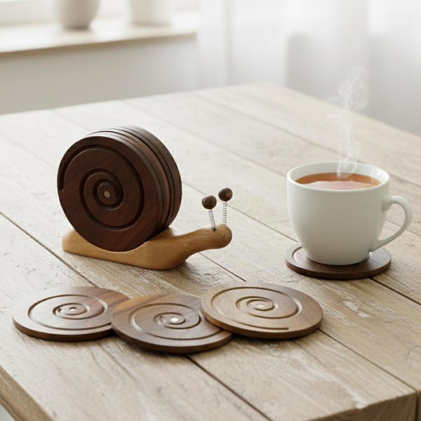 Wooden Cute Snail Coaster Set, Handcrafted Drink Mat with Adorable Snail Holder, Handmade Unique Home Decor, Wood Placemat Kitchen Gift Idea