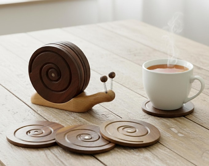 Wooden Cute Snail Coaster Set, Handcrafted Drink Mat with Adorable Snail Holder, Handmade Unique Home Decor, Wood Placemat Kitchen Gift Idea