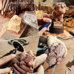 May include: A collage of images showing the creation of a wooden sculpture. The text "small batch - handmade with care" is at the top. The process includes carving, sanding, and detailing a Highland cow figurine. The wood is light brown.