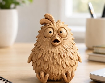 May include: A light brown wooden figurine of a bird with a rounded body, textured feather carvings, large wide eyes, and an open beak. The sculpture features a small crest on top of its head and two small feet positioned at the base of the figure.