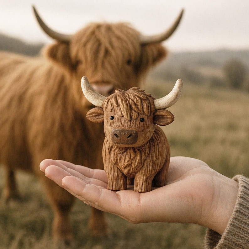 May include: A small, wooden Highland cow figurine with detailed fur and curved horns, held in a hand. A larger Highland cow is in the background. The figurine is a light brown color.