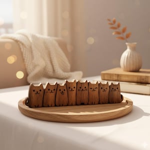Puede incluir: Un conjunto de figuras de gatos de madera. Ocho figuras de gatos con caras grabadas se colocan en una bandeja redonda de madera. Los gatos son de madera de color marr&oacute;n claro. La bandeja tambi&eacute;n es de madera.