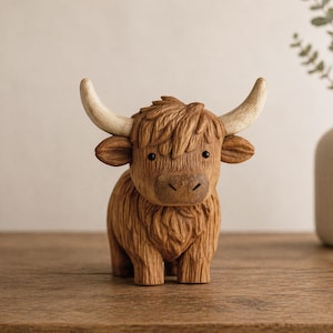 Könnte beinhalten: Eine Holzfigur einer Highland-Kuh mit zotteligem braunem Fell, kleinen schwarzen Augen und hellen Hörnern. Die handgefertigte Skulptur steht auf einer Holzoberfläche. Die Figur ist ein dekorativer Gegenstand.
