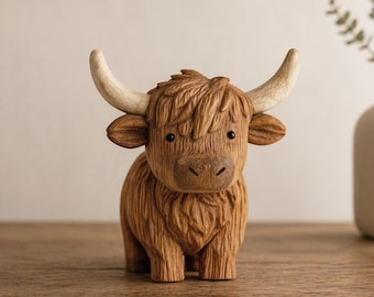 Hand Carving Wooden Highland Cow Figurine Desk Decor Cute Wood  Farm Animal Sculpture Hand Carved Gift Minimalist Bookshelf Office Ornament
