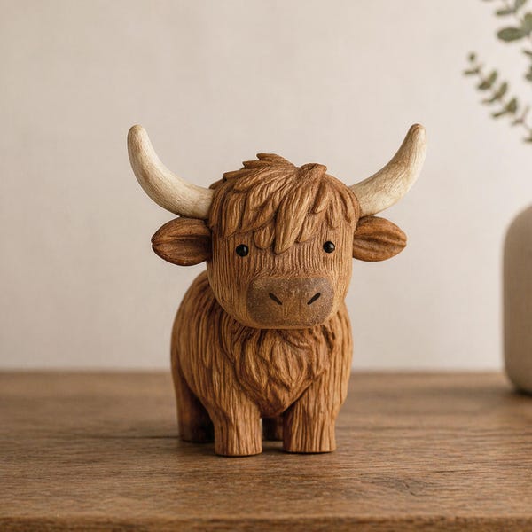 Hand Carving Wooden Highland Cow Figurine Desk Decor Cute Wood  Farm Animal Sculpture Hand Carved Gift Minimalist Bookshelf Office Ornament