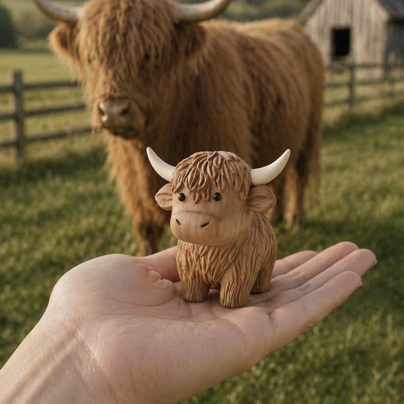 May include: A small, wooden Highland cow figurine with a detailed, carved design. The figurine is light brown with white horns and is held in a person's hand. A larger Highland cow is in the background, standing in a grassy field.