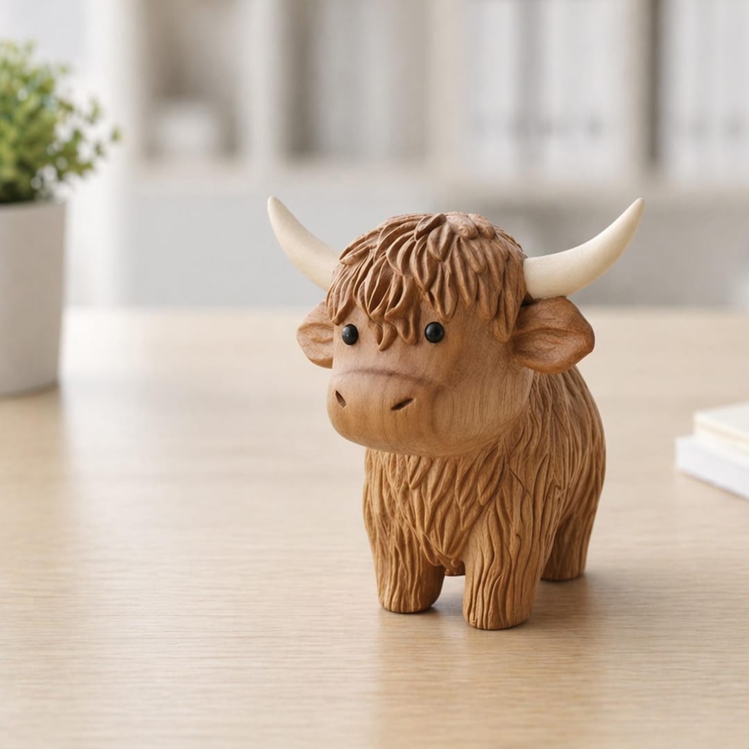 Hand Carving Wooden Highland Cow Figurine Desk Decor Wood Farm