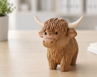 Hand Carving Wooden Highland Cow Figurine Desk Decor Wood Farm Animal Lover Sculpture Hand Carved Gift Minimalist Bookshelf Office Ornament