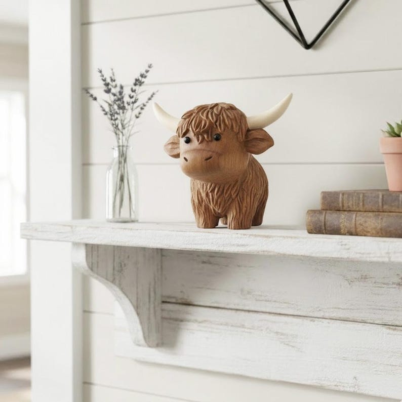 May include: A brown Highland cow figurine with cream-colored horns. The decorative sculpture has a textured, shaggy coat and is displayed on a white shelf. The shelf also holds a glass vase with lavender and a stack of books.