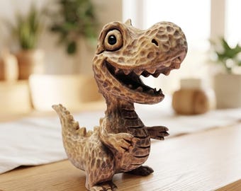 Hand Carving Wooden Cute T-Rex Figurine Handcrafted Desk Bookshelf Decor Statue Wood Sculpture Jurassic Tyrannosaurus Dinosaur Ornament Gift