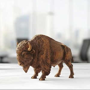 Hand Carved Wooden Bison Figurine Desk Decor Wood Buffalo Sculpture Handmade Gift Minimalist Bookshelf Office Ornament Statue Decoration