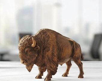 Figura de bisonte de madera tallada a mano, decoración de escritorio, escultura de búfalo de madera, regalo hecho a mano, estantería minimalista, adorno de oficina, estatua decorativa