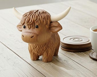 Figura de vaca de las Tierras Altas de madera tallada a mano, decoración de escritorio, linda escultura de animal de granja de madera, regalo hecho a mano, estantería minimalista, adorno de oficina