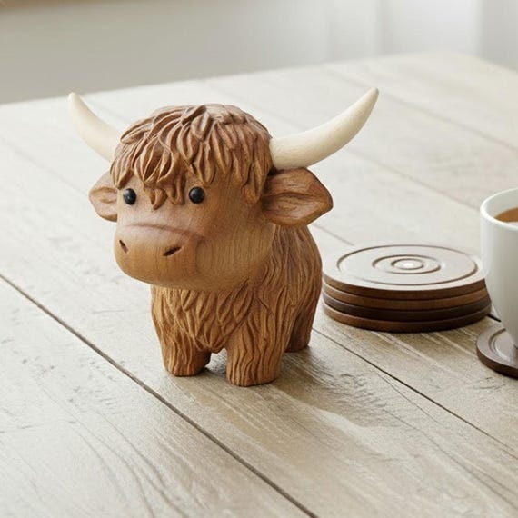 Hand Carving Wooden Highland Cow Figurine Desk Decor Cute Wood  Farm Animal Sculpture Handmade Gift Minimalist Bookshelf Office Ornament