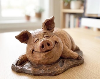 Figura de cerdo de madera tallada a mano, bonita figura de cerdo, hecha a mano, para escritorio, estantería, decoración, estatua, escultura de madera, animal de granja hecho a mano, adorno para amantes de las mascotas, regalo