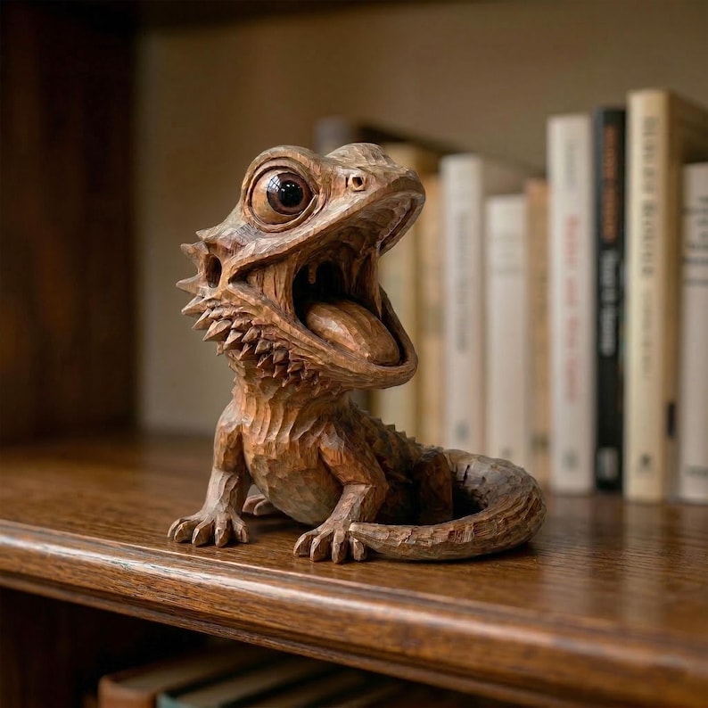 May include: A detailed wooden sculpture of a lizard with its mouth wide open, revealing its tongue. The lizard has textured skin and is perched on a wooden shelf. The sculpture is a warm brown color and is set against a backdrop of books.