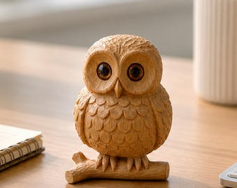 May include: A light brown wooden owl figurine with carved feather textures and large, dark, glossy eyes. The owl is perched on a small, horizontal wooden branch, showcasing detailed craftsmanship with visible wood grain and a smooth, rounded shape.