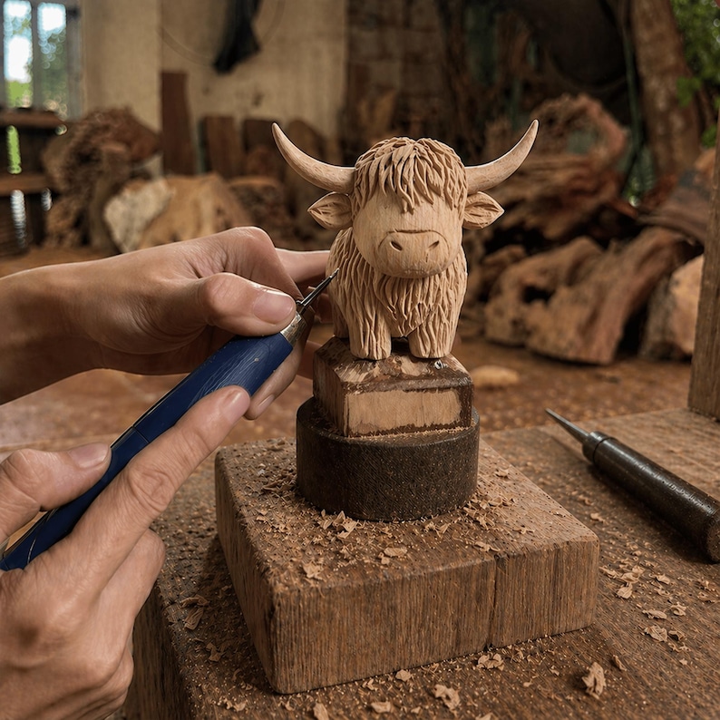 May include: A wooden carving of a Highland cow is being crafted. The sculpture features detailed fur, horns, and a small base. The artist is using a blue-handled carving tool to refine the wooden figure. Sawdust is scattered around the wooden base.