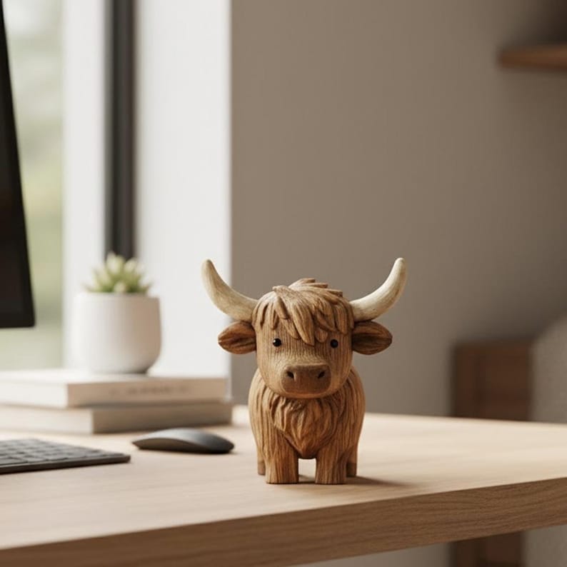 May include: A wooden Highland cow figurine with detailed carving. The sculpture features a shaggy mane, large horns, and a friendly expression. The cow is brown with lighter-colored horns and is displayed on a wooden surface.