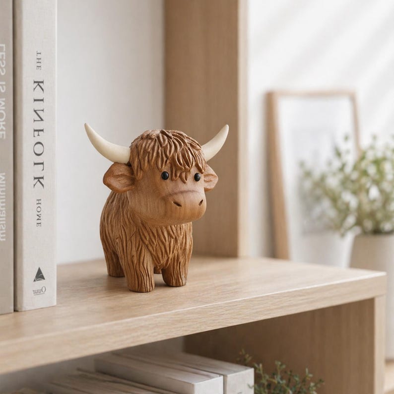 May include: A wooden figurine of a Highland cow with light brown fur, cream-colored horns, and a detailed carved design. The cow is standing on a wooden shelf, with books and a framed picture in the background.