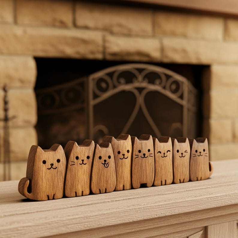 Puede incluir: Una fila de ocho figuras de gatos de madera con diferentes expresiones faciales. Cada gato est&aacute; tallado en madera de color marr&oacute;n claro y est&aacute; de pie. Las figuras se exhiben sobre una superficie de madera clara, con una chimenea al fondo.