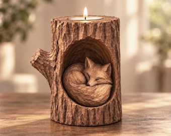 May include: A brown candle holder shaped like a textured tree stump with a hollow center. Inside the hollow, a sculpted fox is curled up in a sleeping position. A small lit tea light candle sits in a circular metal insert on the top surface.