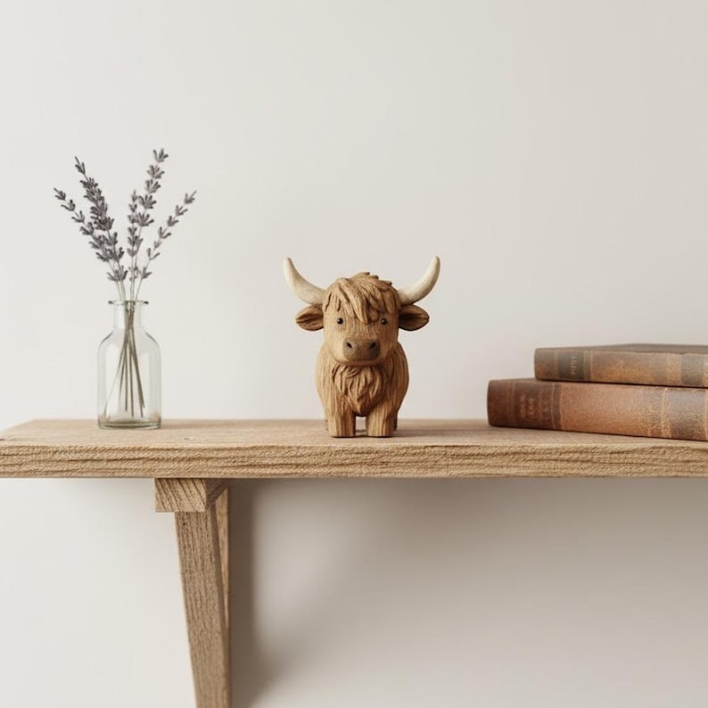May include: A wooden Highland cow figurine with curved horns and shaggy fur stands on a wooden shelf. A clear glass vase with lavender sprigs and two vintage books are also on the shelf. The background is a plain white wall.