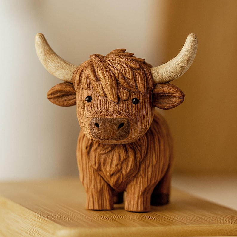 May include: A wooden figurine of a Highland cow. The cow is carved from wood and has a shaggy brown coat, large curved horns, and small black eyes. The figurine is standing on a wooden surface.