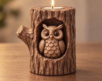 May include: A brown candle holder shaped like a tree stump with a textured bark exterior. A carved owl sits inside a hollow opening in the center of the stump. A small, lit tea light candle rests in a circular indentation at the top of the holder.