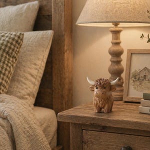 May include: A small, brown Highland cow figurine with white horns stands on a wooden nightstand. The figurine has a shaggy coat and is near a lamp with a beige lampshade and a framed picture.