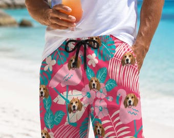 Custom Beach Shorts with Dog Photo,Custom Dog Face Men's Beach Shorts,Hawaiian Swimwear Gift for Him,Beach Shorts for Dog Lover Father's Day
