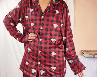 Personlig familjepyjamas, hundporträtt, present till husdjursälskare, pyjamas för kvinnor, husdjursfotopyjamas, minnesgåva, present till henne, julklapp