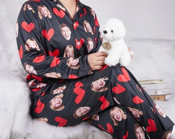 パーソナライズされたレディースパジャマ：カスタム顔＆犬の写真スリープシャツ、写真付きパジャマ、カップルパジャマセット、奥様やお母様への誕生日プレゼント