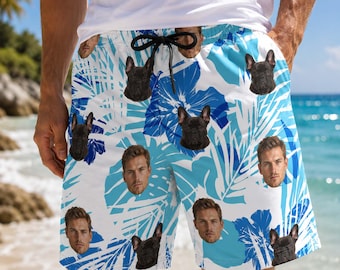 Custom Pet Face Beach Shorts for Men,Personalized Pet Face Hawaii Trunks,Funny Face Shorts,Summer Vacation Gift for Him,Father's Day Gift
