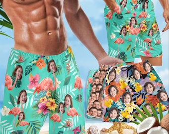 Custom Hawaiian swim trunks dog bandanas, custom men's beach shorts with face logo, custom men's swimsuits, father's day gifts, dog gifts