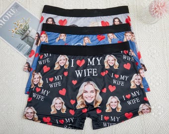 Boxer personnalisé pour mari, sous-vêtement personnalisé, sous-vêtement rigolo avec visage, cadeau d'anniversaire personnalisé pour lui/mari.