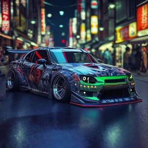 May include: A custom-painted sports car with a black, blue, and green color scheme, featuring a rear spoiler and a low profile. The car has intricate artwork and is parked on a wet street, with a blurred city background.