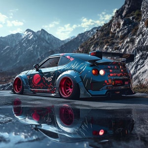 May include: A custom-modified, dark blue sports car with red accents, including wheels and a rear spoiler. The car features Japanese-inspired artwork and is parked on a wet road with mountains in the background.
