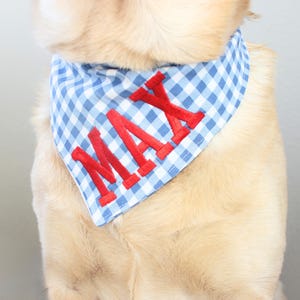Blue Gingham Bandana for Dogs, Personalized Pet Bandana, Embroidered Name Bandana, Fall Plaid Dog Bandana, Summer Pet Outfit Accessories