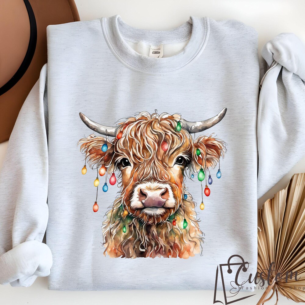 Cow Light Hoodie, Cow Women Sweatshirt,Christmas Cow Sweatshirt, Highland Cow Crewneck, Christmas Sweatshirt, Cow Lover Gift, Farm Xmas Livingmall
