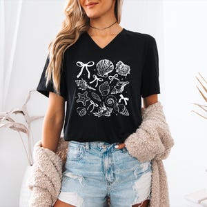 Seashell Doodle T-Shirt, Hand-Drawn Shell and Starfish Graphic Tee, Coastal Beach Lover Shirt for Women and Teens