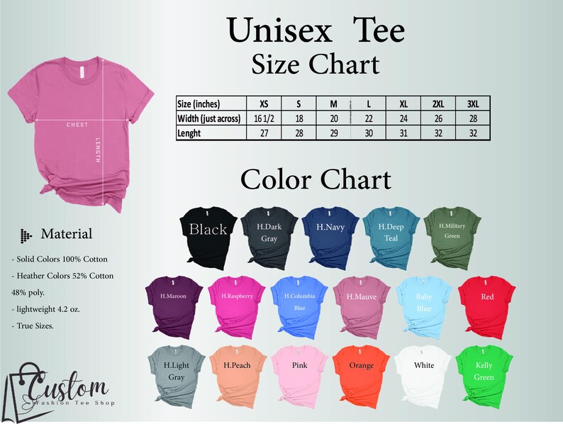 a women's tee shirt with different colors and sizes